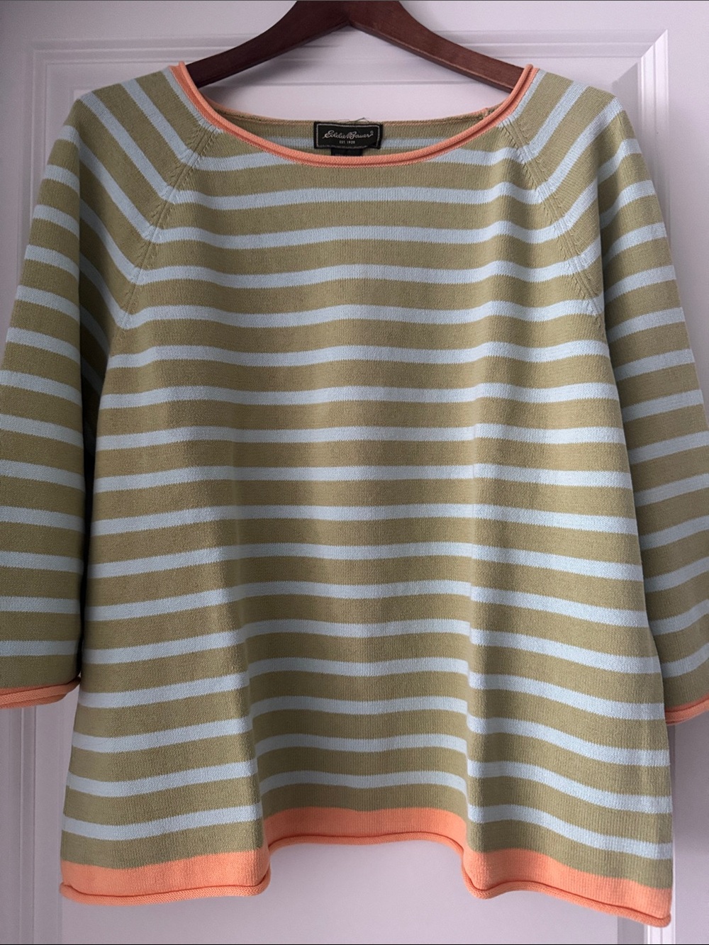 Eddie Bauer Olive & Light Blue Striped Boatneck Sweater with Peach Trim